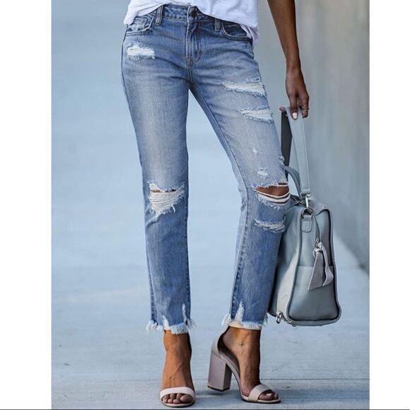 GOSOPIN Distressed Raw Hem Boyfriend Straight Leg Jeans - Picture 2 of 9